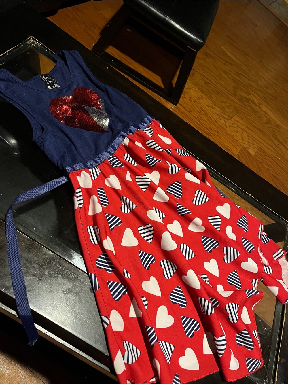 Blue & Red Heart-Print Girls Dress - Kids Bottoms